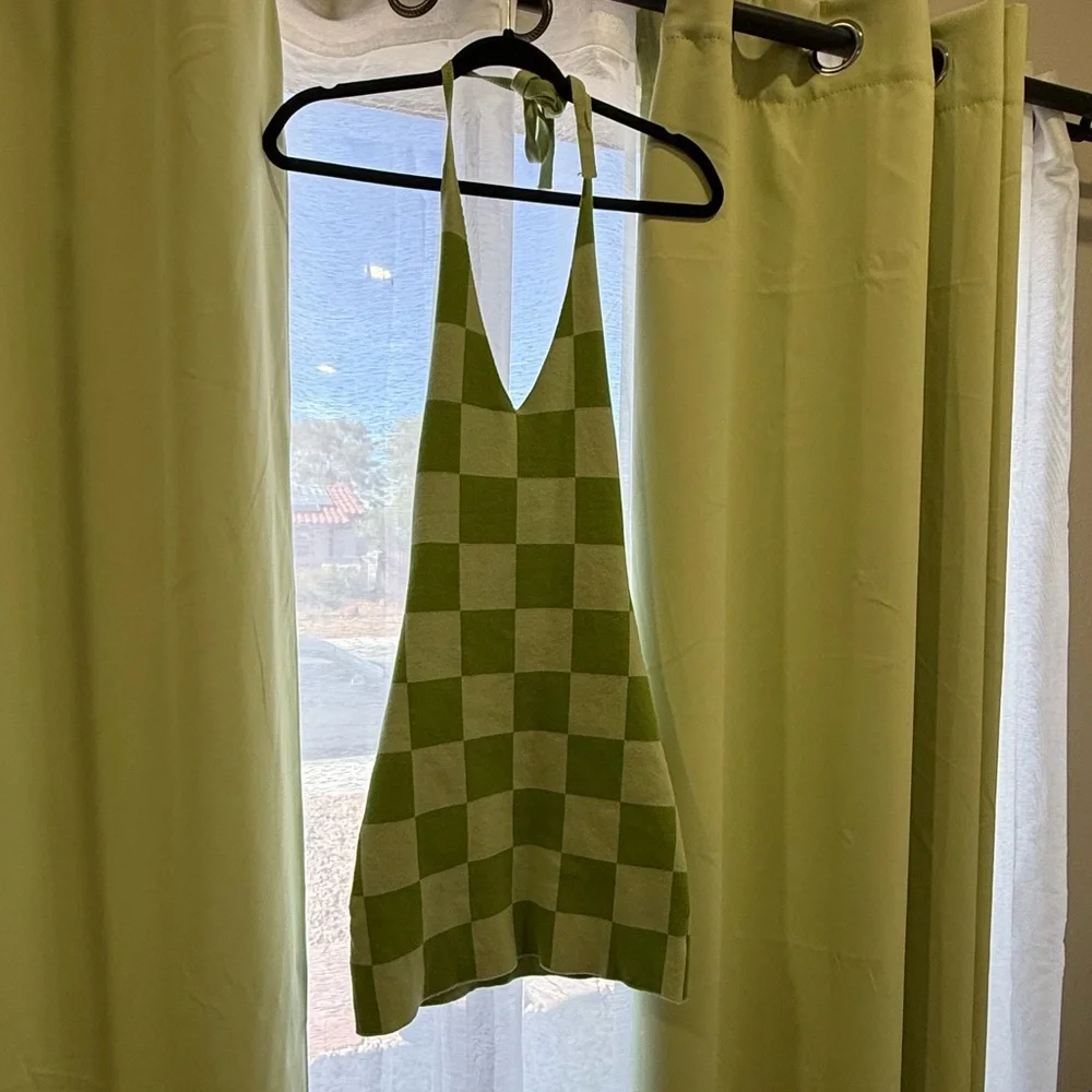 Peppermayo~ Green Checkered Knit Halter Dress! Size S - Picture 2 of 4